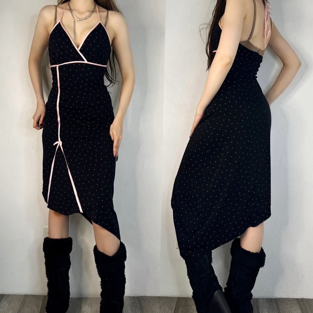 90s / Y2K Rampage Black Pink Polkadot Halter Dress